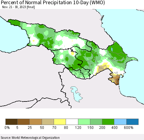 Azerbaijan, Armenia and Georgia Percent of Normal Precipitation 10-Day (WMO) Thematic Map For 11/21/2023 - 11/30/2023