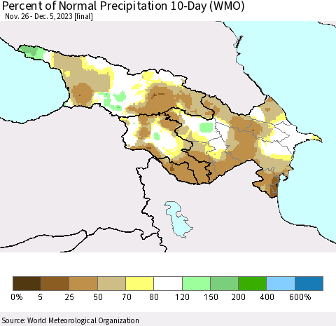 Azerbaijan, Armenia and Georgia Percent of Normal Precipitation 10-Day (WMO) Thematic Map For 11/26/2023 - 12/5/2023