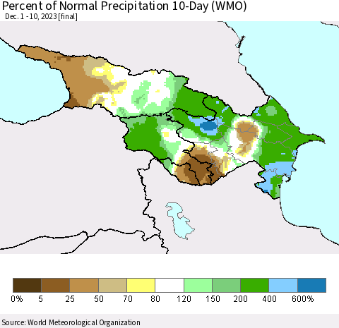 Azerbaijan, Armenia and Georgia Percent of Normal Precipitation 10-Day (WMO) Thematic Map For 12/1/2023 - 12/10/2023
