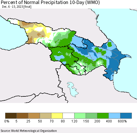 Azerbaijan, Armenia and Georgia Percent of Normal Precipitation 10-Day (WMO) Thematic Map For 12/6/2023 - 12/15/2023