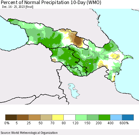 Azerbaijan, Armenia and Georgia Percent of Normal Precipitation 10-Day (WMO) Thematic Map For 12/16/2023 - 12/25/2023