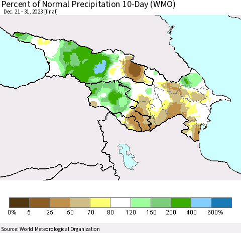Azerbaijan, Armenia and Georgia Percent of Normal Precipitation 10-Day (WMO) Thematic Map For 12/21/2023 - 12/31/2023