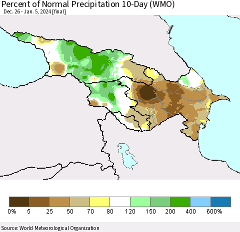 Azerbaijan, Armenia and Georgia Percent of Normal Precipitation 10-Day (WMO) Thematic Map For 12/26/2023 - 1/5/2024