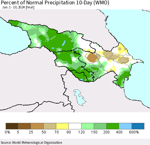 Azerbaijan, Armenia and Georgia Percent of Normal Precipitation 10-Day (WMO) Thematic Map For 1/1/2024 - 1/10/2024