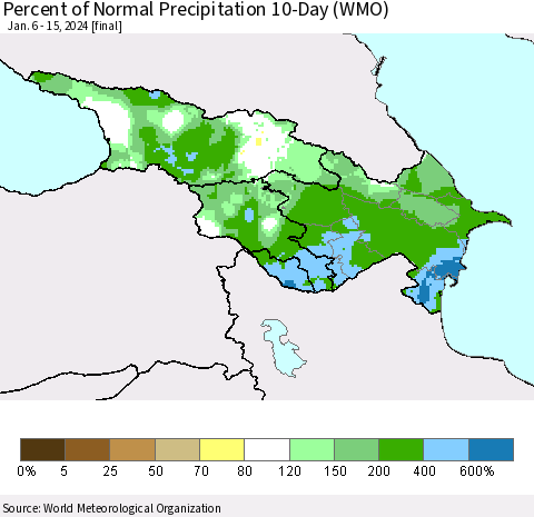 Azerbaijan, Armenia and Georgia Percent of Normal Precipitation 10-Day (WMO) Thematic Map For 1/6/2024 - 1/15/2024