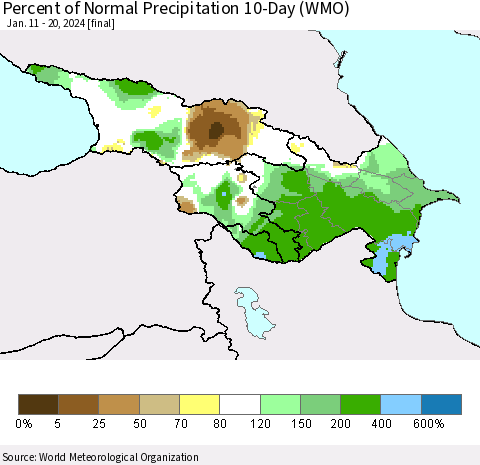 Azerbaijan, Armenia and Georgia Percent of Normal Precipitation 10-Day (WMO) Thematic Map For 1/11/2024 - 1/20/2024