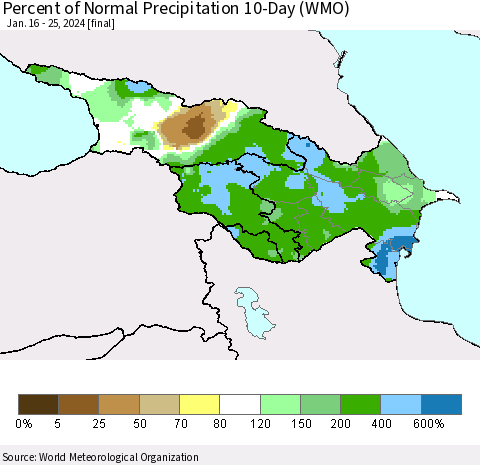 Azerbaijan, Armenia and Georgia Percent of Normal Precipitation 10-Day (WMO) Thematic Map For 1/16/2024 - 1/25/2024