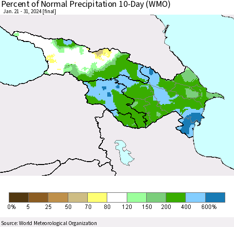 Azerbaijan, Armenia and Georgia Percent of Normal Precipitation 10-Day (WMO) Thematic Map For 1/21/2024 - 1/31/2024