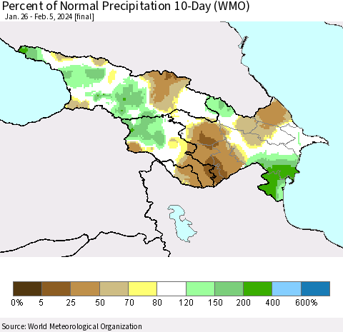 Azerbaijan, Armenia and Georgia Percent of Normal Precipitation 10-Day (WMO) Thematic Map For 1/26/2024 - 2/5/2024