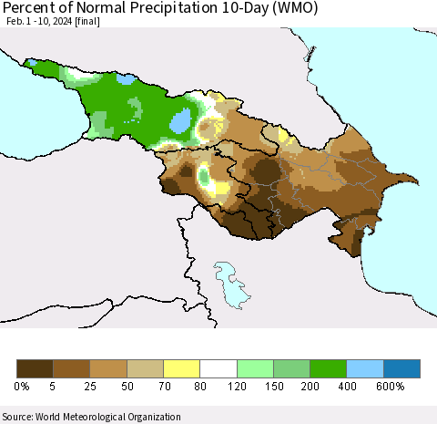 Azerbaijan, Armenia and Georgia Percent of Normal Precipitation 10-Day (WMO) Thematic Map For 2/1/2024 - 2/10/2024