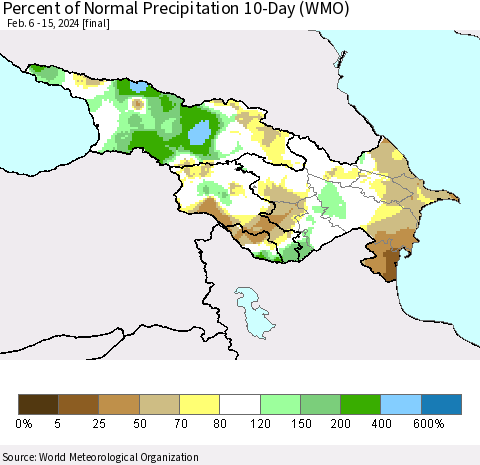 Azerbaijan, Armenia and Georgia Percent of Normal Precipitation 10-Day (WMO) Thematic Map For 2/6/2024 - 2/15/2024