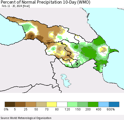 Azerbaijan, Armenia and Georgia Percent of Normal Precipitation 10-Day (WMO) Thematic Map For 2/11/2024 - 2/20/2024