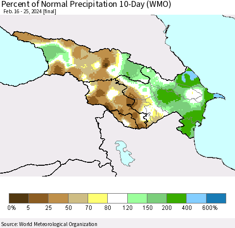 Azerbaijan, Armenia and Georgia Percent of Normal Precipitation 10-Day (WMO) Thematic Map For 2/16/2024 - 2/25/2024