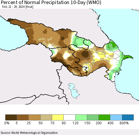 Azerbaijan, Armenia and Georgia Percent of Normal Precipitation 10-Day (WMO) Thematic Map For 2/21/2024 - 2/29/2024