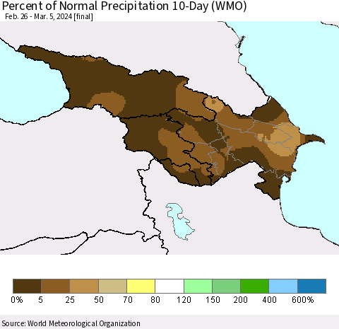 Azerbaijan, Armenia and Georgia Percent of Normal Precipitation 10-Day (WMO) Thematic Map For 2/26/2024 - 3/5/2024