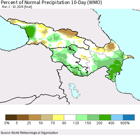 Azerbaijan, Armenia and Georgia Percent of Normal Precipitation 10-Day (WMO) Thematic Map For 3/1/2024 - 3/10/2024