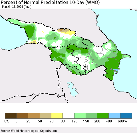 Azerbaijan, Armenia and Georgia Percent of Normal Precipitation 10-Day (WMO) Thematic Map For 3/6/2024 - 3/15/2024