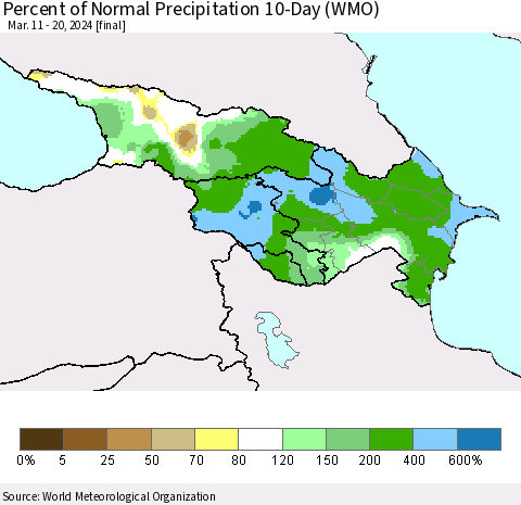 Azerbaijan, Armenia and Georgia Percent of Normal Precipitation 10-Day (WMO) Thematic Map For 3/11/2024 - 3/20/2024