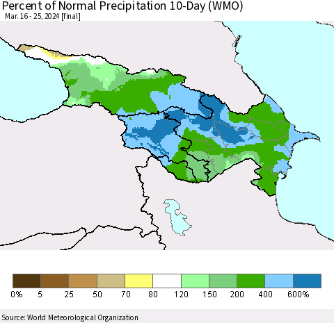 Azerbaijan, Armenia and Georgia Percent of Normal Precipitation 10-Day (WMO) Thematic Map For 3/16/2024 - 3/25/2024
