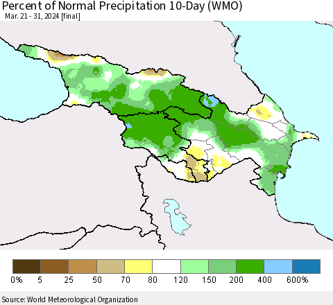 Azerbaijan, Armenia and Georgia Percent of Normal Precipitation 10-Day (WMO) Thematic Map For 3/21/2024 - 3/31/2024