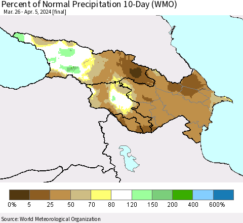 Azerbaijan, Armenia and Georgia Percent of Normal Precipitation 10-Day (WMO) Thematic Map For 3/26/2024 - 4/5/2024