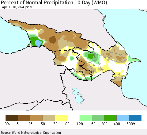 Azerbaijan, Armenia and Georgia Percent of Normal Precipitation 10-Day (WMO) Thematic Map For 4/1/2024 - 4/10/2024