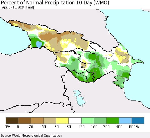 Azerbaijan, Armenia and Georgia Percent of Normal Precipitation 10-Day (WMO) Thematic Map For 4/6/2024 - 4/15/2024