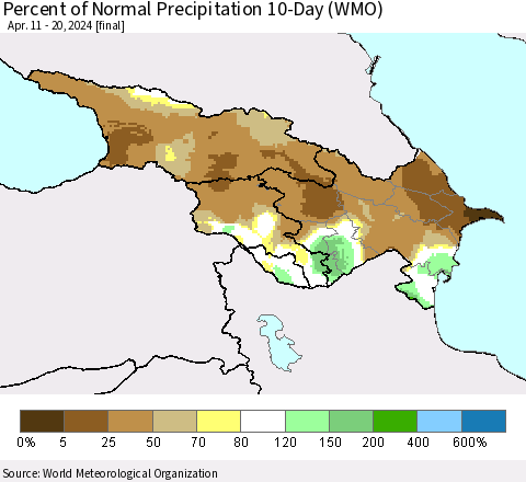 Azerbaijan, Armenia and Georgia Percent of Normal Precipitation 10-Day (WMO) Thematic Map For 4/11/2024 - 4/20/2024