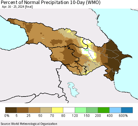 Azerbaijan, Armenia and Georgia Percent of Normal Precipitation 10-Day (WMO) Thematic Map For 4/16/2024 - 4/25/2024