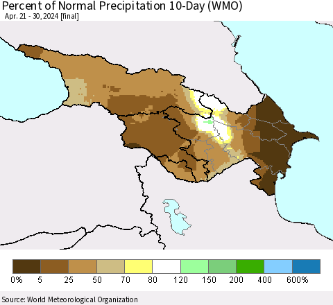 Azerbaijan, Armenia and Georgia Percent of Normal Precipitation 10-Day (WMO) Thematic Map For 4/21/2024 - 4/30/2024