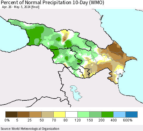 Azerbaijan, Armenia and Georgia Percent of Normal Precipitation 10-Day (WMO) Thematic Map For 4/26/2024 - 5/5/2024