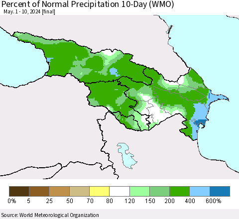 Azerbaijan, Armenia and Georgia Percent of Normal Precipitation 10-Day (WMO) Thematic Map For 5/1/2024 - 5/10/2024