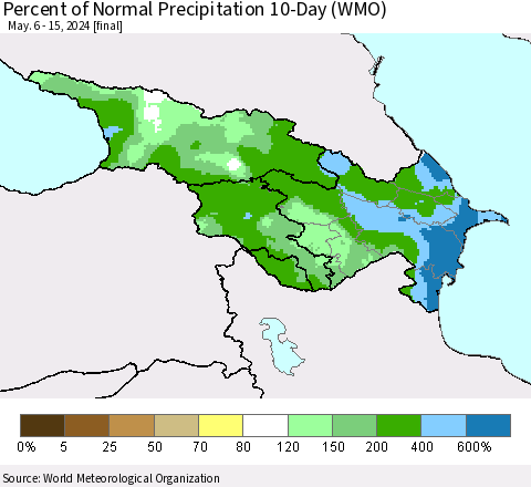 Azerbaijan, Armenia and Georgia Percent of Normal Precipitation 10-Day (WMO) Thematic Map For 5/6/2024 - 5/15/2024