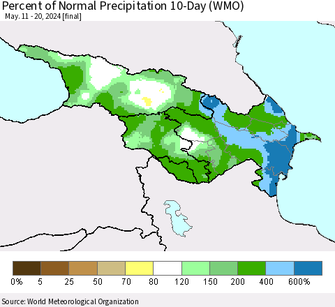 Azerbaijan, Armenia and Georgia Percent of Normal Precipitation 10-Day (WMO) Thematic Map For 5/11/2024 - 5/20/2024