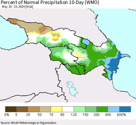 Azerbaijan, Armenia and Georgia Percent of Normal Precipitation 10-Day (WMO) Thematic Map For 5/16/2024 - 5/25/2024