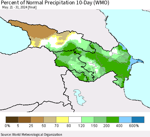 Azerbaijan, Armenia and Georgia Percent of Normal Precipitation 10-Day (WMO) Thematic Map For 5/21/2024 - 5/31/2024