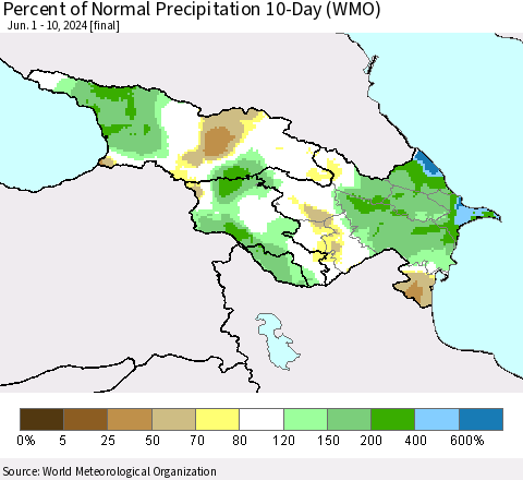Azerbaijan, Armenia and Georgia Percent of Normal Precipitation 10-Day (WMO) Thematic Map For 6/1/2024 - 6/10/2024