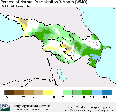 Azerbaijan, Armenia and Georgia Percent of Normal Precipitation 3-Month (WMO) Thematic Map For 6/6/2021 - 9/5/2021