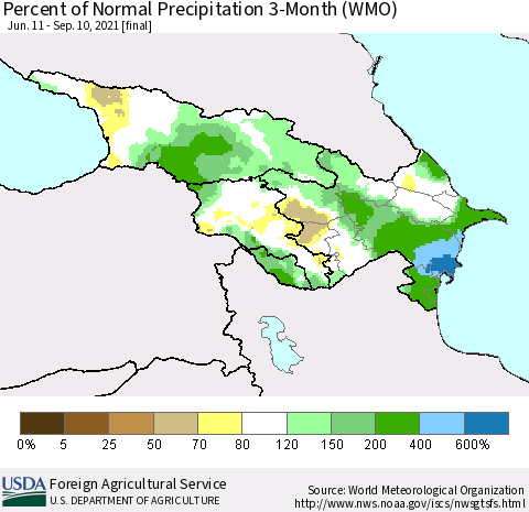 Azerbaijan, Armenia and Georgia Percent of Normal Precipitation 3-Month (WMO) Thematic Map For 6/11/2021 - 9/10/2021