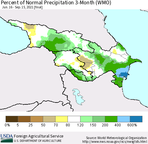 Azerbaijan, Armenia and Georgia Percent of Normal Precipitation 3-Month (WMO) Thematic Map For 6/16/2021 - 9/15/2021