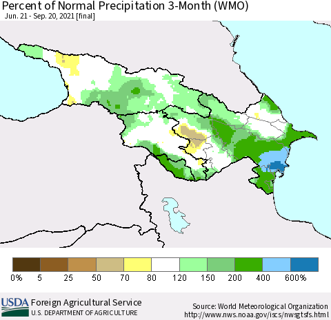 Azerbaijan, Armenia and Georgia Percent of Normal Precipitation 3-Month (WMO) Thematic Map For 6/21/2021 - 9/20/2021