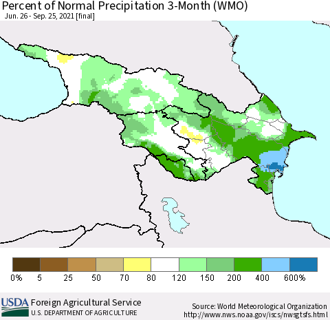 Azerbaijan, Armenia and Georgia Percent of Normal Precipitation 3-Month (WMO) Thematic Map For 6/26/2021 - 9/25/2021