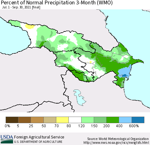 Azerbaijan, Armenia and Georgia Percent of Normal Precipitation 3-Month (WMO) Thematic Map For 7/1/2021 - 9/30/2021