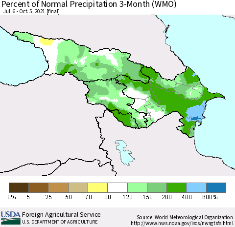 Azerbaijan, Armenia and Georgia Percent of Normal Precipitation 3-Month (WMO) Thematic Map For 7/6/2021 - 10/5/2021
