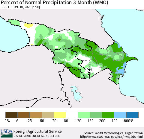 Azerbaijan, Armenia and Georgia Percent of Normal Precipitation 3-Month (WMO) Thematic Map For 7/11/2021 - 10/10/2021