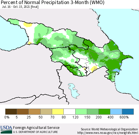 Azerbaijan, Armenia and Georgia Percent of Normal Precipitation 3-Month (WMO) Thematic Map For 7/16/2021 - 10/15/2021