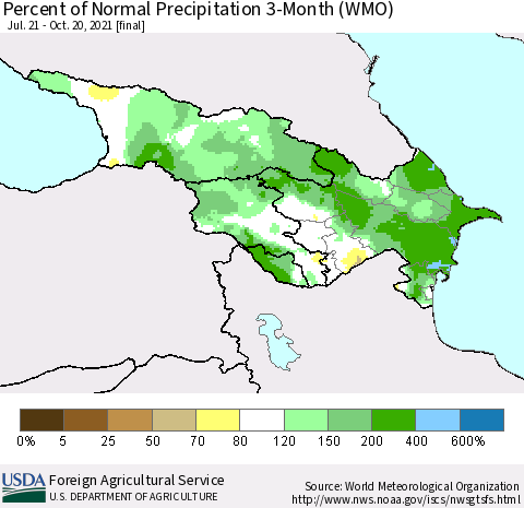 Azerbaijan, Armenia and Georgia Percent of Normal Precipitation 3-Month (WMO) Thematic Map For 7/21/2021 - 10/20/2021
