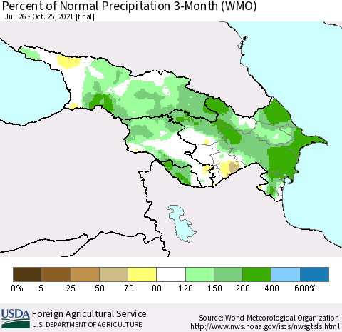 Azerbaijan, Armenia and Georgia Percent of Normal Precipitation 3-Month (WMO) Thematic Map For 7/26/2021 - 10/25/2021