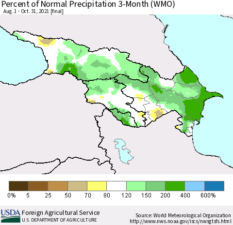 Azerbaijan, Armenia and Georgia Percent of Normal Precipitation 3-Month (WMO) Thematic Map For 8/1/2021 - 10/31/2021