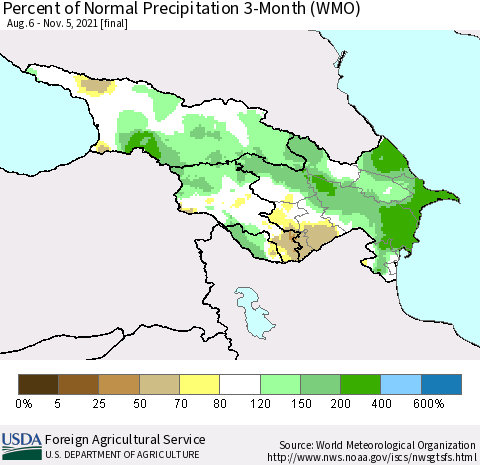 Azerbaijan, Armenia and Georgia Percent of Normal Precipitation 3-Month (WMO) Thematic Map For 8/6/2021 - 11/5/2021